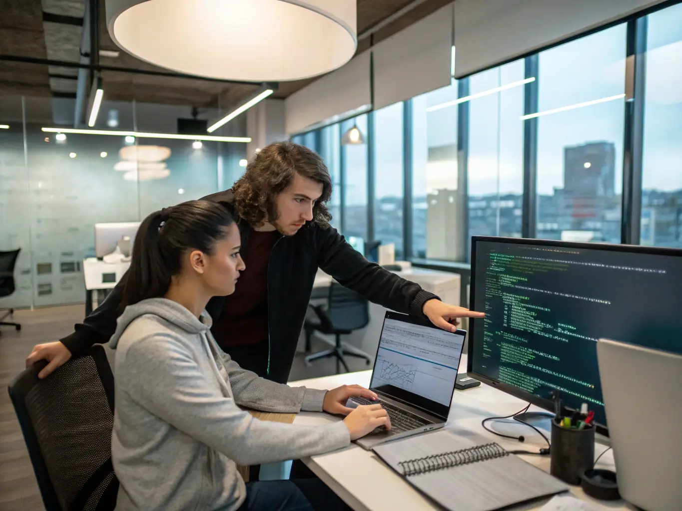 A coach guiding a developer through the app development process, using a digital whiteboard to illustrate key concepts and strategies.