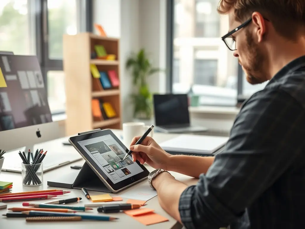 An image of a mobile app wireframe on a tablet, surrounded by sticky notes and design tools, representing the app development process.